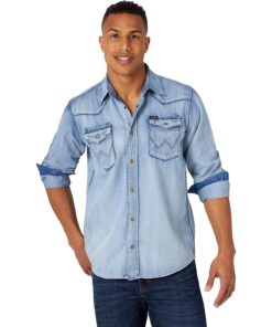 View 1 of 2 Wrangler Men's Iconic Regular Fit Snap Shirt in Light Wash Denim