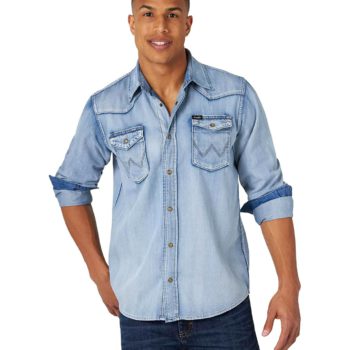 View 1 of 2 Wrangler Men's Iconic Regular Fit Snap Shirt in Light Wash Denim