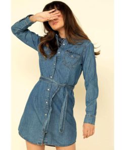 View 2 of 4 Wrangler Women's Retro Long Sleeve Western Snap Dress in Mid Denim