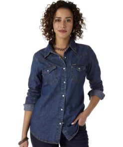 View 1 of 4 Wrangler Women's Retro Long Sleeve Western Snap Shirt in Dark Denim