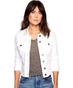 View 1 of 3 KUT From The Kloth Kara Jean Jacket for Women - Raw Hem with Distressed Details, Button Closure, and Spread CollarOptic White LG One Size