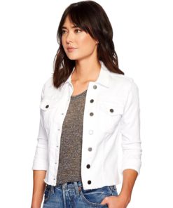 View 2 of 3 KUT From The Kloth Kara Jean Jacket for Women - Raw Hem with Distressed Details, Button Closure, and Spread CollarOptic White LG One Size