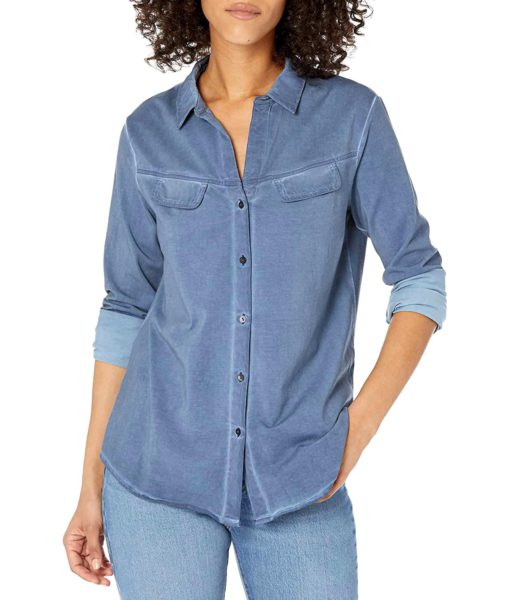View 1 of 4 NIC+ZOE Long Sleeve Angled Pocket Button Down Shirt in Faded Navy