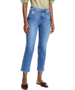 View 1 of 5 PAIGE Women's Sarah Straight Ankle Jeans with Reverse Waistband in Rural Distressed
