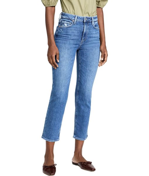 View 1 of 5 PAIGE Women's Sarah Straight Ankle Jeans with Reverse Waistband in Rural Distressed