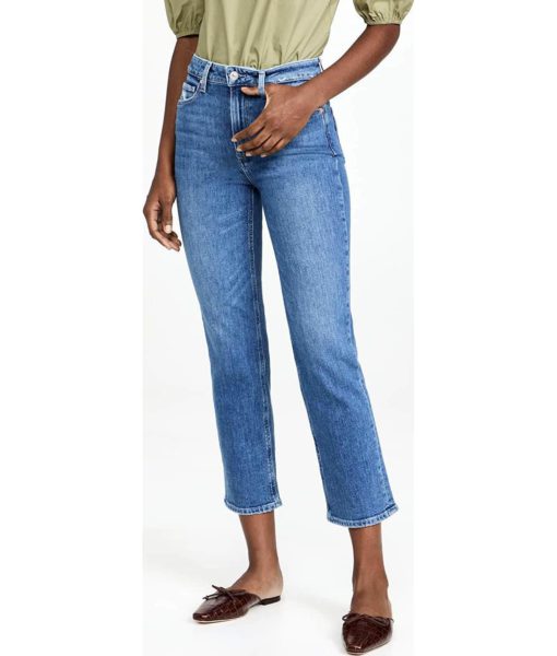 View 2 of 5 PAIGE Women's Sarah Straight Ankle Jeans with Reverse Waistband in Rural Distressed