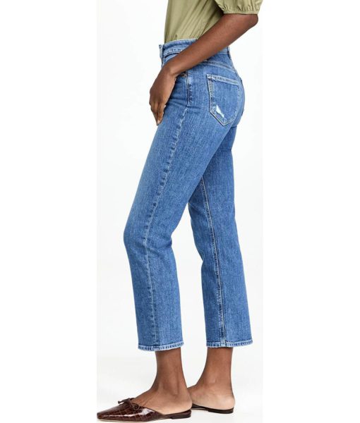 View 4 of 5 PAIGE Women's Sarah Straight Ankle Jeans with Reverse Waistband in Rural Distressed