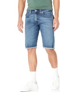 View 1 of 2 True Religion Mens Ricky Single Needle Fray Hem With Flap Denim Shorts in Flip Side Medium Wash