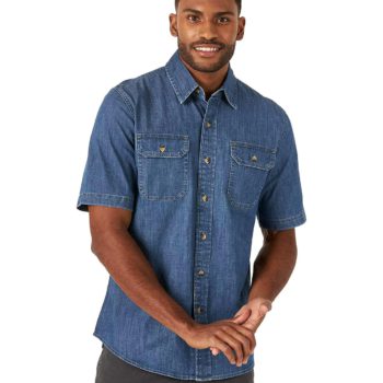 View 1 of 3 Wrangler Authentics Weather Anything Short Sleeve Woven Shirt in Mid Wash