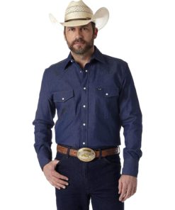 View 1 of 4 Wrangler Men's Authentic Cowboy Cut Work Western Shirt in Rigid Indigo Denim