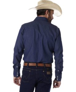 View 2 of 4 Wrangler Men's Authentic Cowboy Cut Work Western Shirt in Rigid Indigo Denim