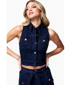 View 1 of 4 Bebe Button Front Denim Vest in Dark Blue