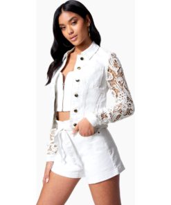 View 2 of 4 Bebe Crochet Sleeve Denim Jacket in White