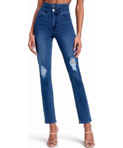 View 1 of 4 Bebe High Waist Destructed Slim Leg Jeans in Blue