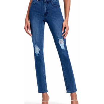 View 1 of 4 Bebe High Waist Destructed Slim Leg Jeans in Blue