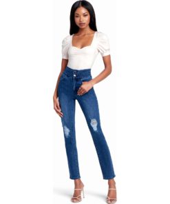 View 2 of 4 Bebe High Waist Destructed Slim Leg Jeans in Blue