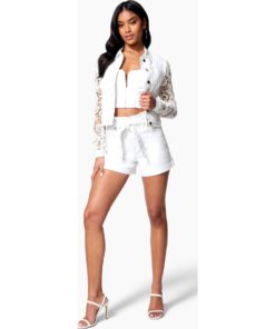 View 2 of 4 Bebe High Waist Paperbag Denim Short in White