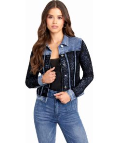 View 1 of 4 Bebe Lace Detail Denim Jacket in Blue