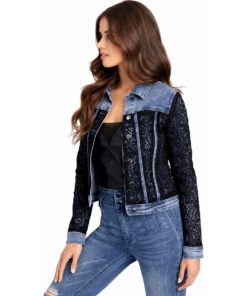 View 2 of 4 Bebe Lace Detail Denim Jacket in Blue