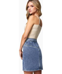 View 3 of 4 Bebe Multi Seam Zip Front Denim Skirt in Blue