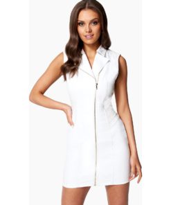 View 1 of 4 Bebe Multi Stitch Asymmetrical Zipper Denim Dress in White