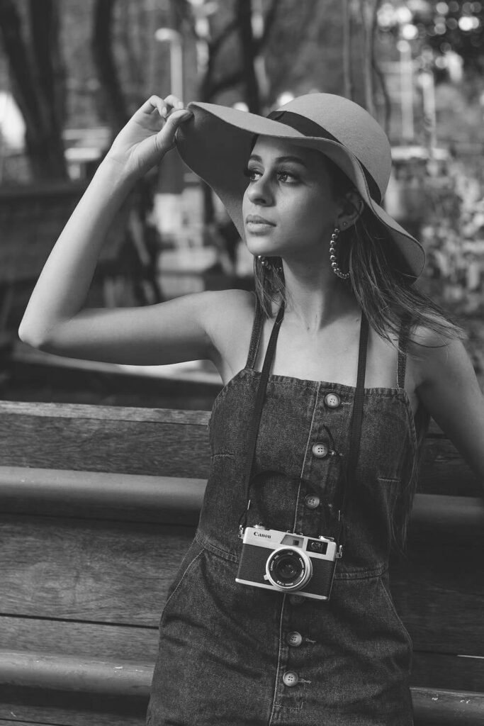 black and white denim dress with camera